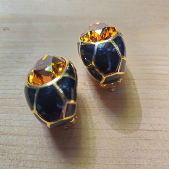 Joan Rivers Enamel Crystal Statement Clip Earrings Signed - Picture 3 of 6